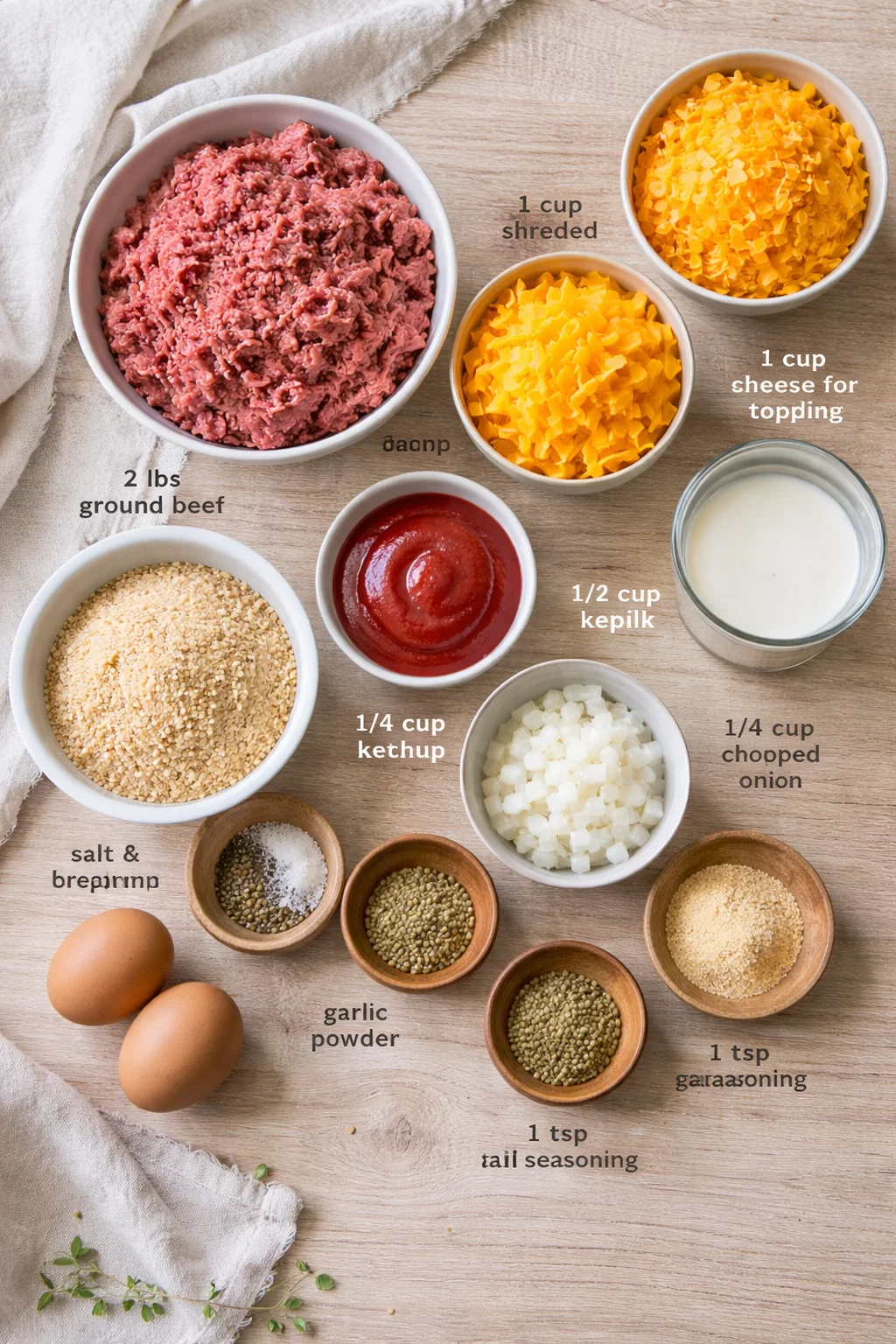 Overhead view of meatloaf ingredients laid out with labels and measurements.