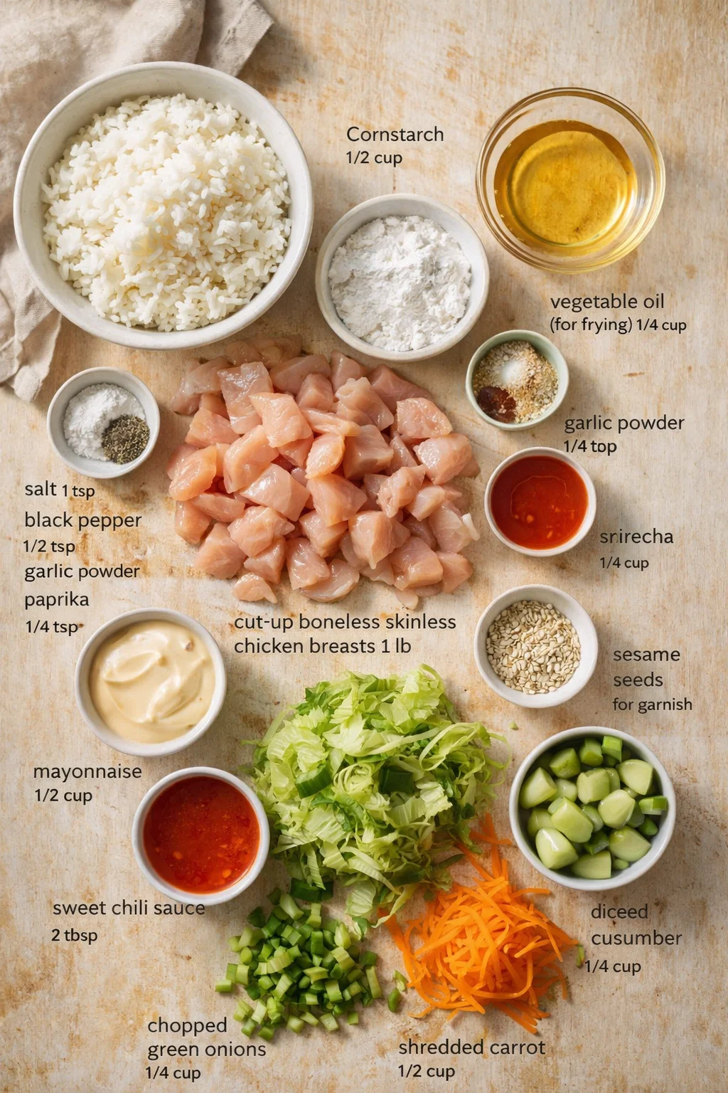 Overhead view of organized ingredients for a chicken recipe with labeled quantities.