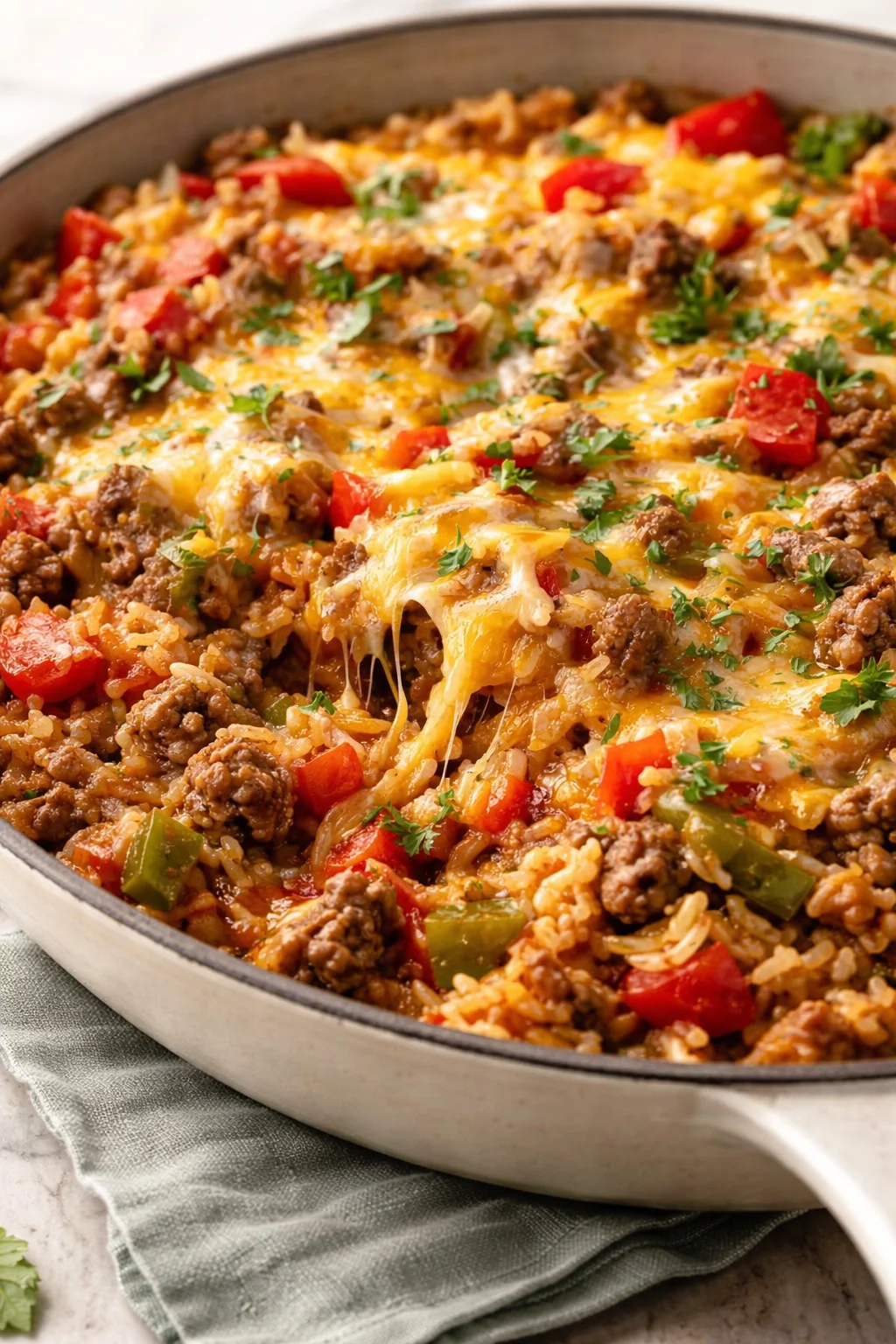 One-pan cheesy beef and rice skillet with red and green peppers, onions, and cilantro.