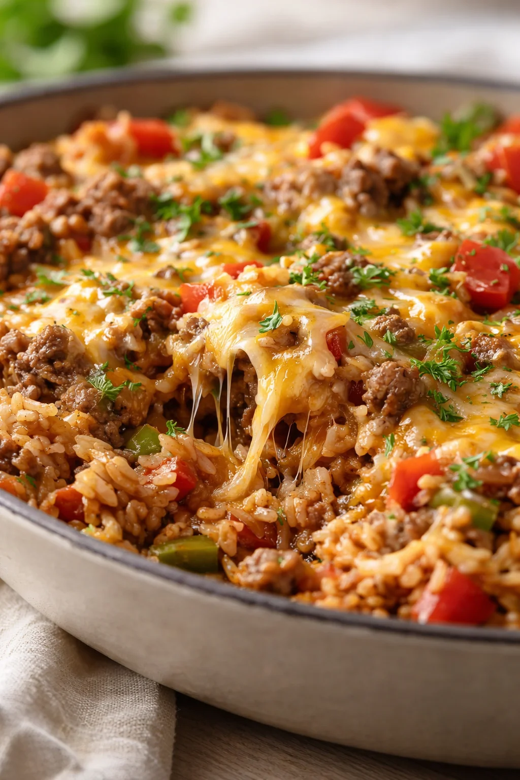Close-up of a skillet with rice, beef, peppers, melted cheese, and parsley garnish.