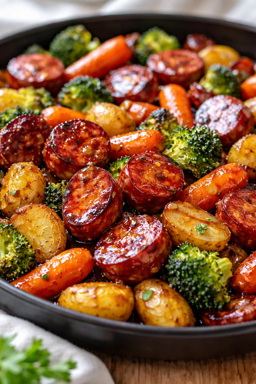 Skillet filled with glossy roasted sausage slices, potatoes, broccoli, and carrots on a wooden table