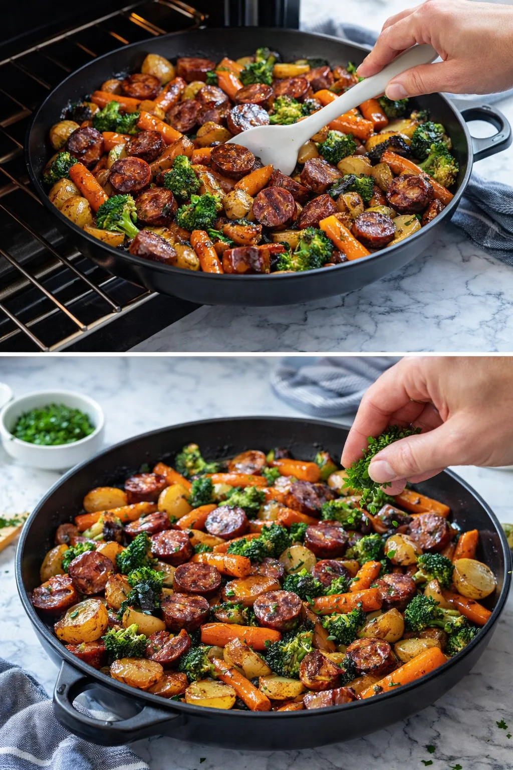 Skillet with roasted sausage, potatoes, carrots, and broccoli on a marble counter; hands stir and garnish.