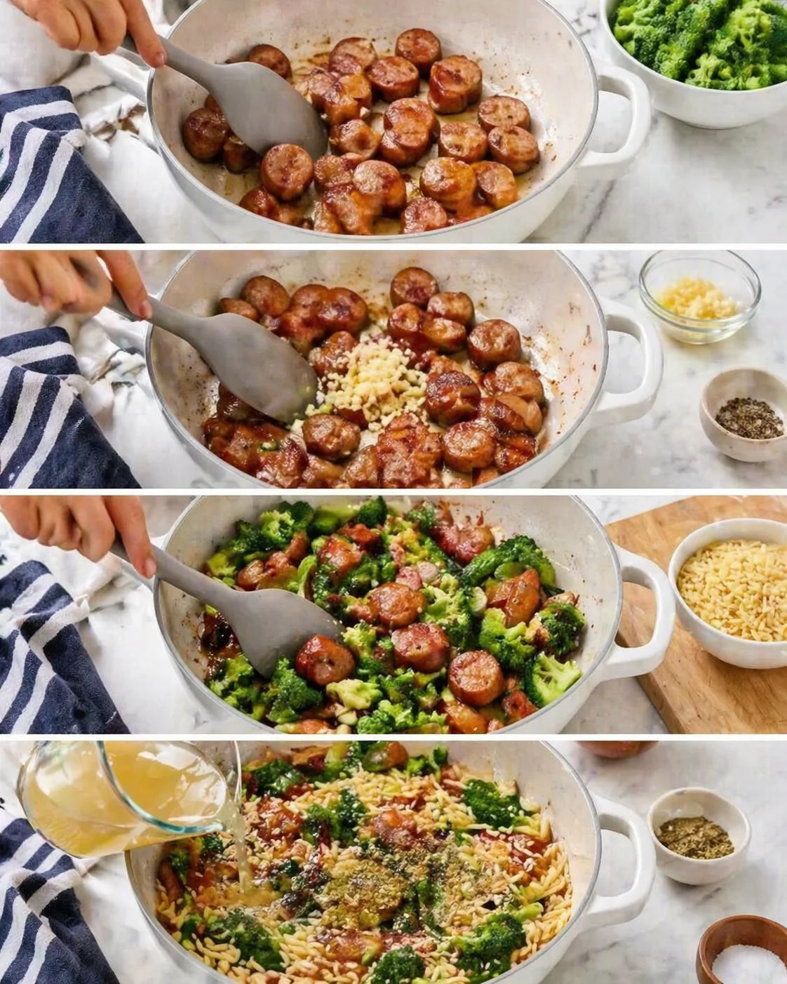 collage of cooking steps with sausage, broccoli, and pasta being prepared in a white pan.