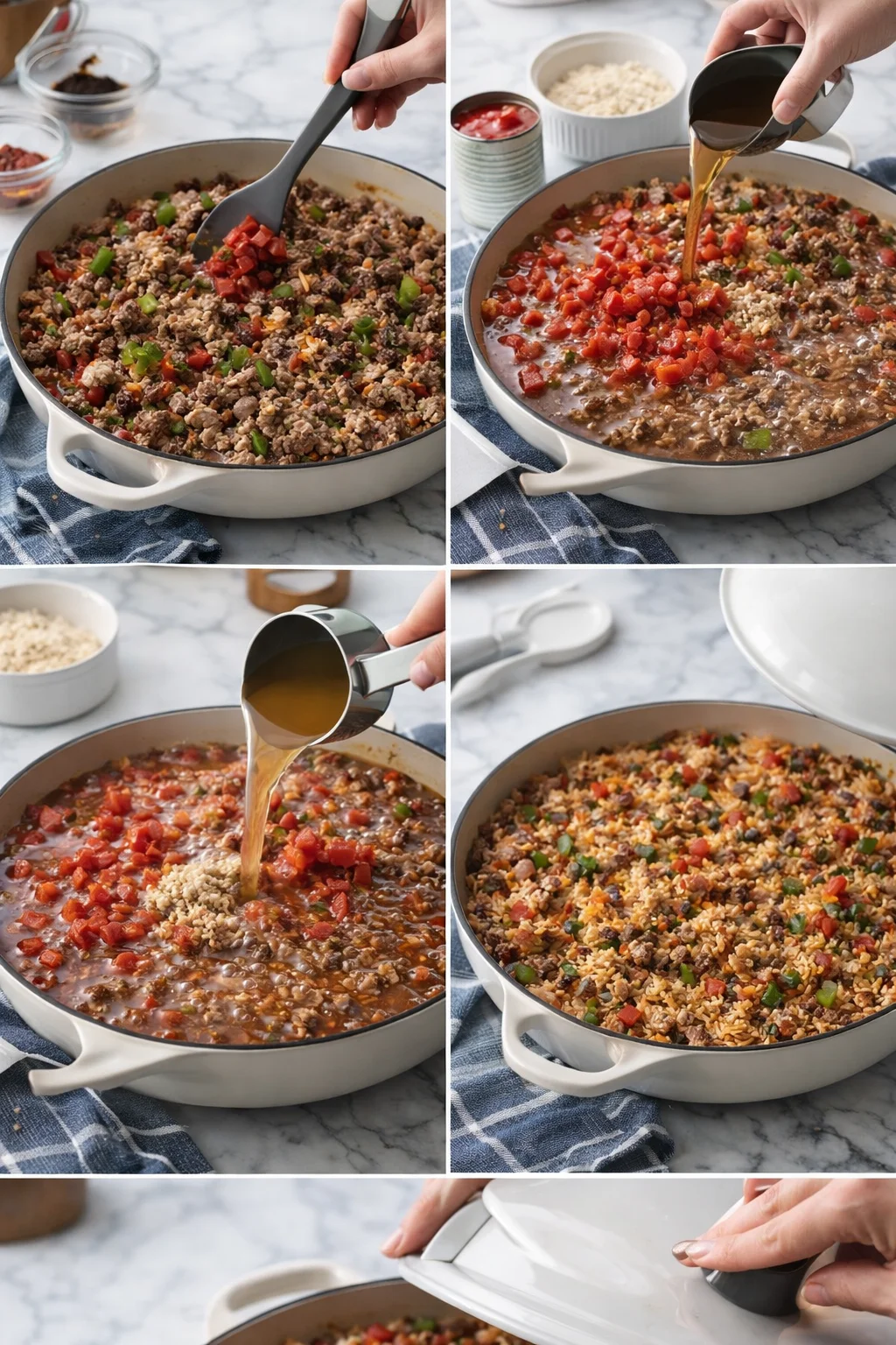 collage showing step-by-step preparation of a beef and rice skillet with peppers
