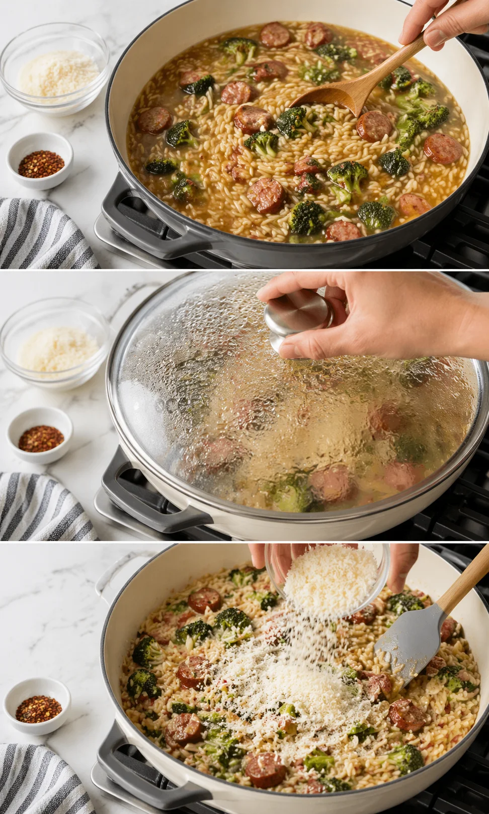 three-panel collage of a sausage-broccoli pasta being cooked in a large skillet.