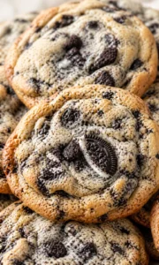 Close-up of oreo-studded chocolate chip cookies stacked together with warm, golden edges.
