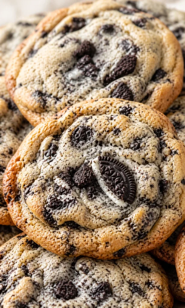 Close-up of oreo-studded chocolate chip cookies stacked together with warm, golden edges.