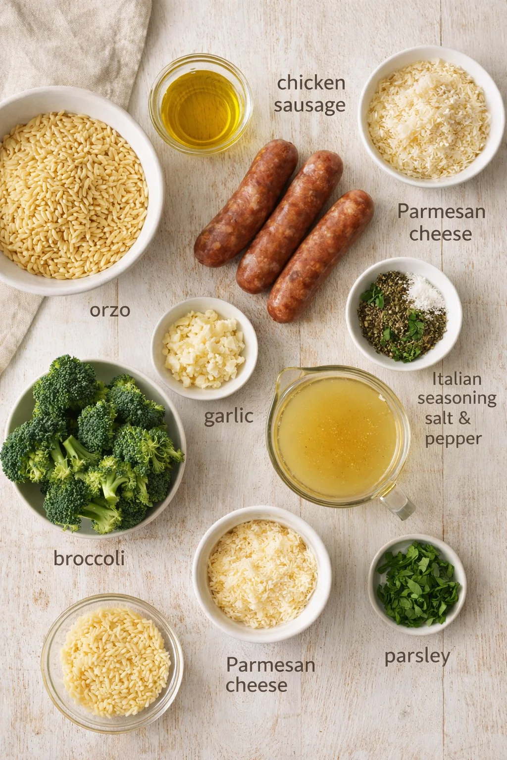 Flat lay of ingredients for a dish: orzo, broccoli, sausage, parmesan, garlic, oil, and herbs.