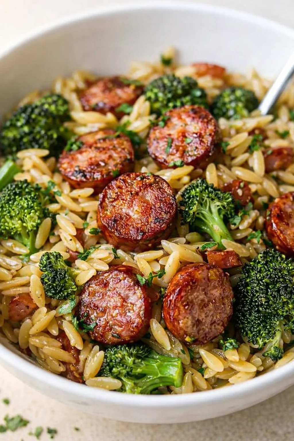 bowl of orzo pasta with browned sausage and broccoli florets, garnished with herbs