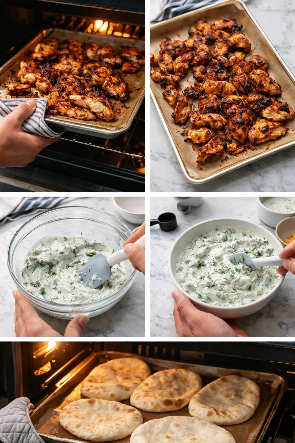 collage showing roasted chicken pieces on a baking sheet, herb yogurt sauce in bowls, and flatbreads baking in the oven.