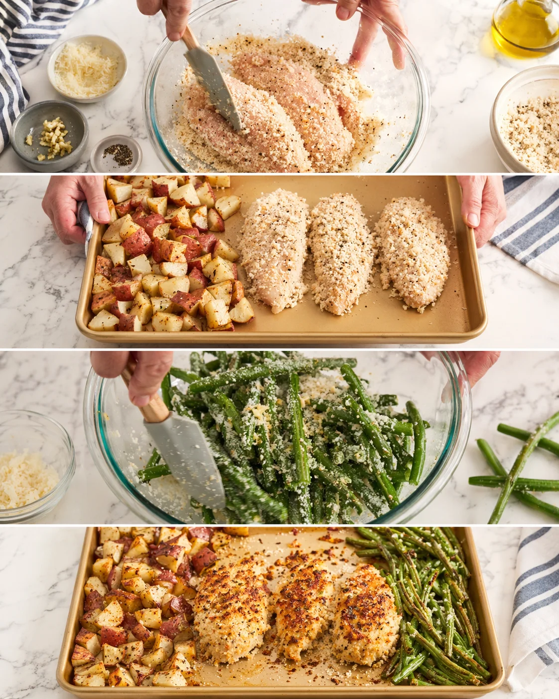 Step-by-step kitchen collage showing breaded chicken, roasted potatoes, and green beans on marble