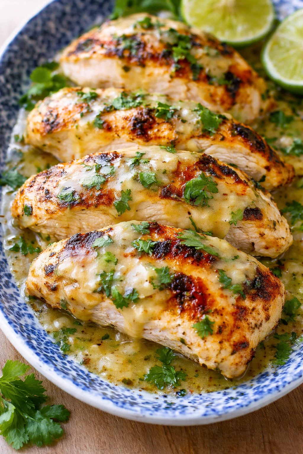 Herb-topped parmesan-crusted chicken breasts in a creamy green sauce with lime wedges on a blue plate.