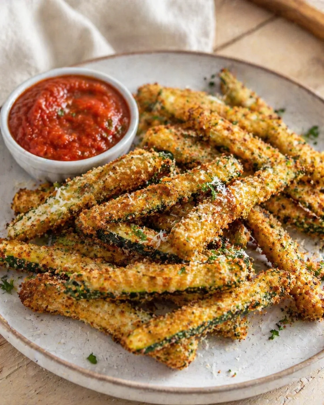 Crispy breadcrumb-coated zucchini fries with marinara sauce on a plate.