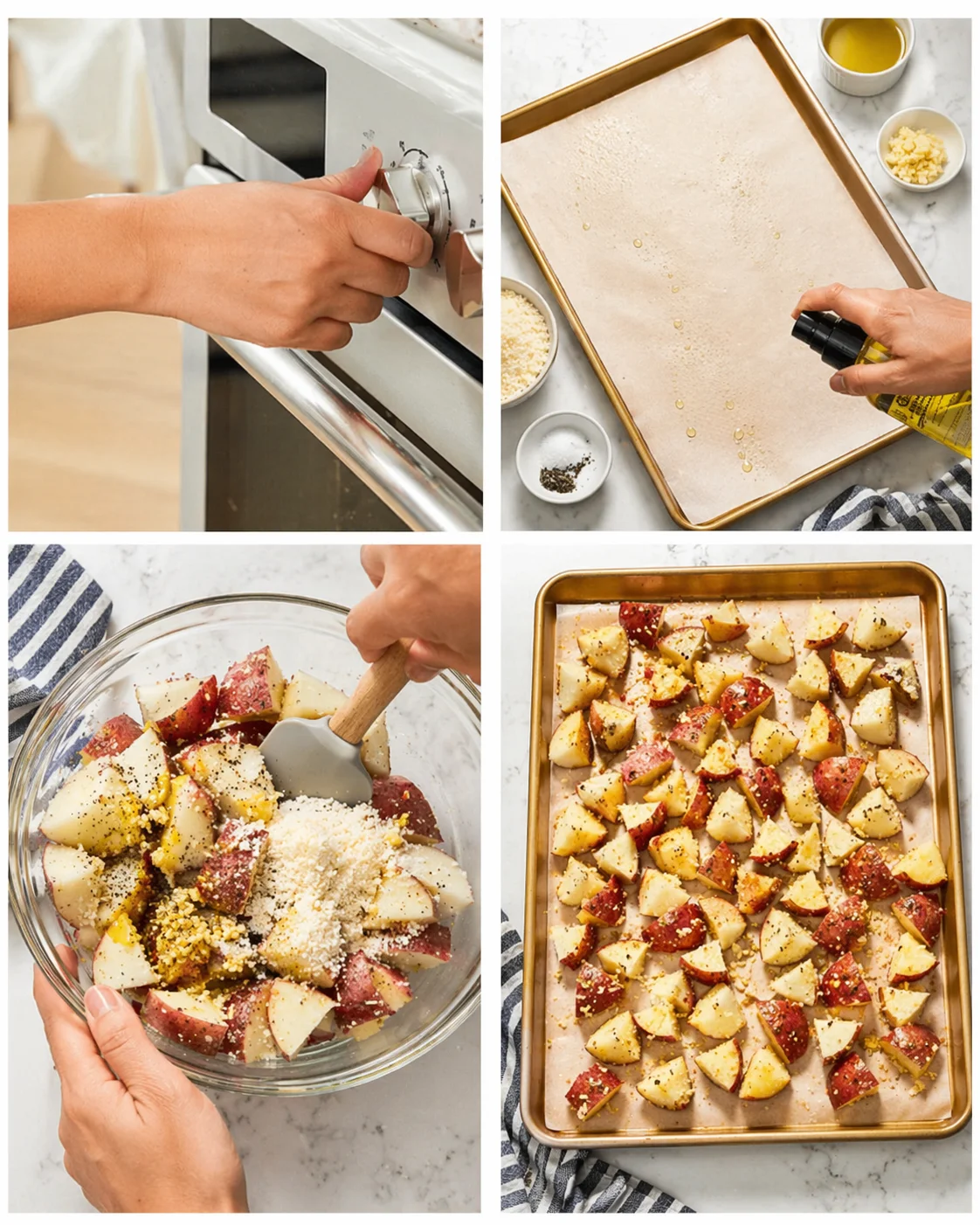 collage showing four steps to prepare parmesan-roasted potatoes: preheat, oil sheet, mix potatoes with cheese, and roast.