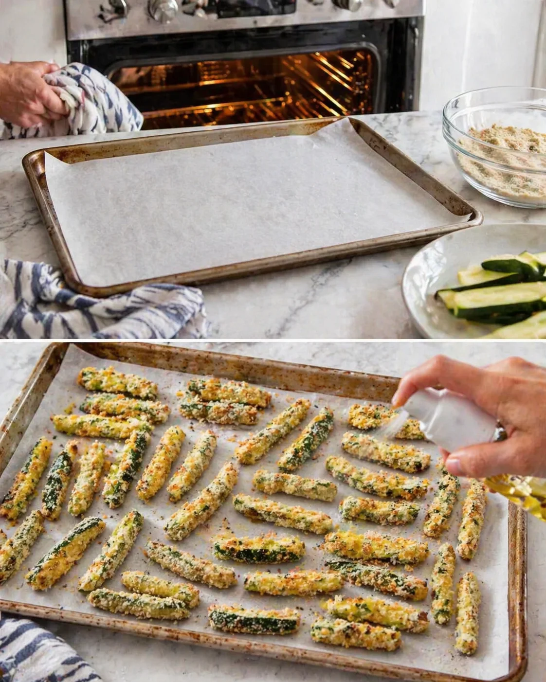 parchment-lined baking sheet with breaded zucchini fries; warm oven glow in background