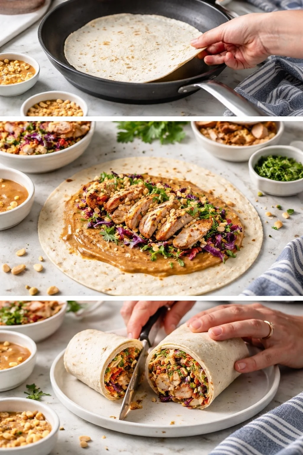 Three-panel collage shows tortilla cooking, plated chicken with peanut sauce, and a sliced burrito.