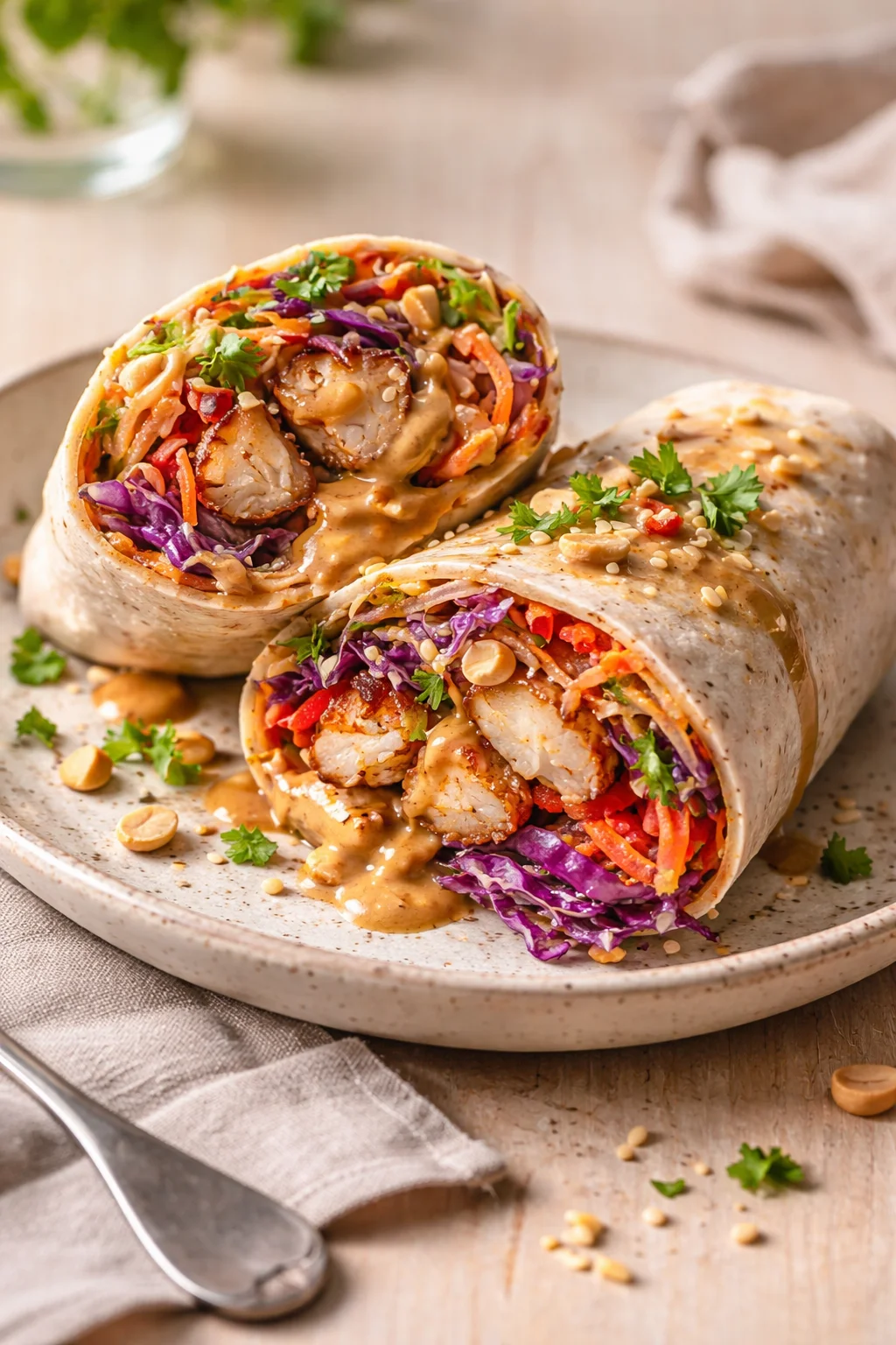 A tortilla wrap cut open on a ceramic plate reveals chicken, colorful shredded vegetables, cilantro, and peanut sauce.