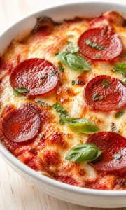 Close-up of pepperoni pizza in a white dish with basil leaves on a wooden table.