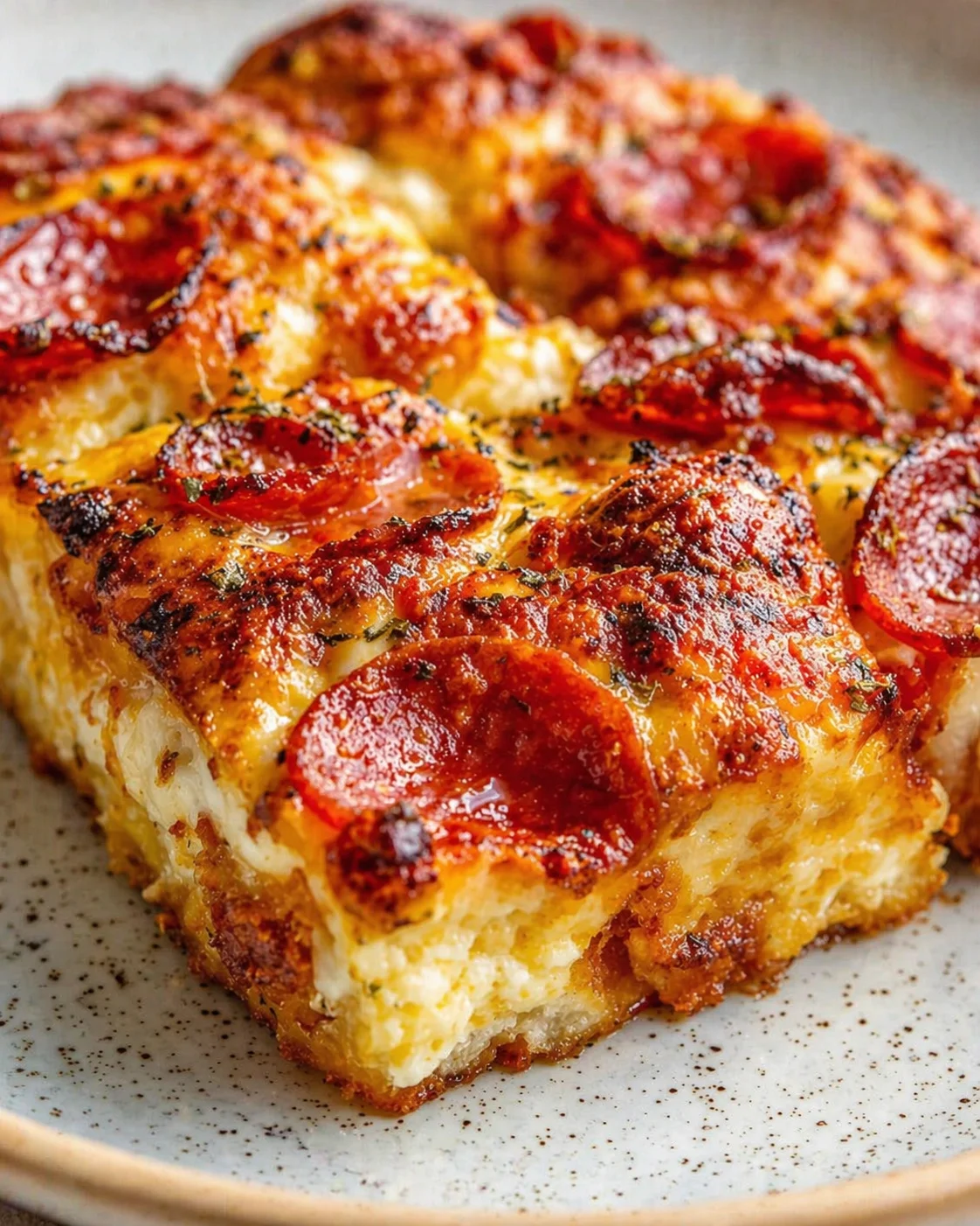 Close-up of square pepperoni pizza bread bites with melted cheese and herbs on a speckled plate.