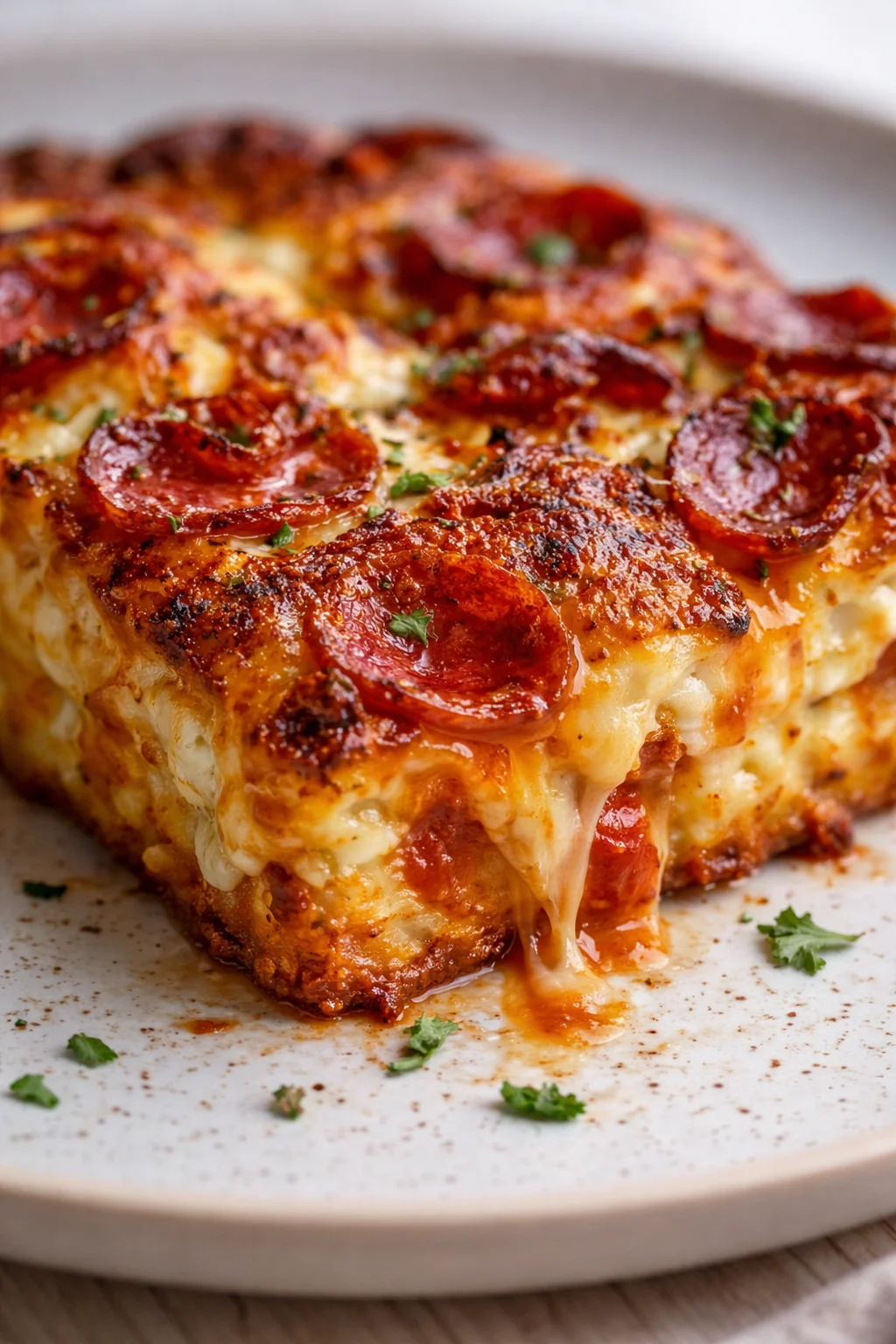 Pepperoni pizza casserole slice with melted cheese on a beige plate.