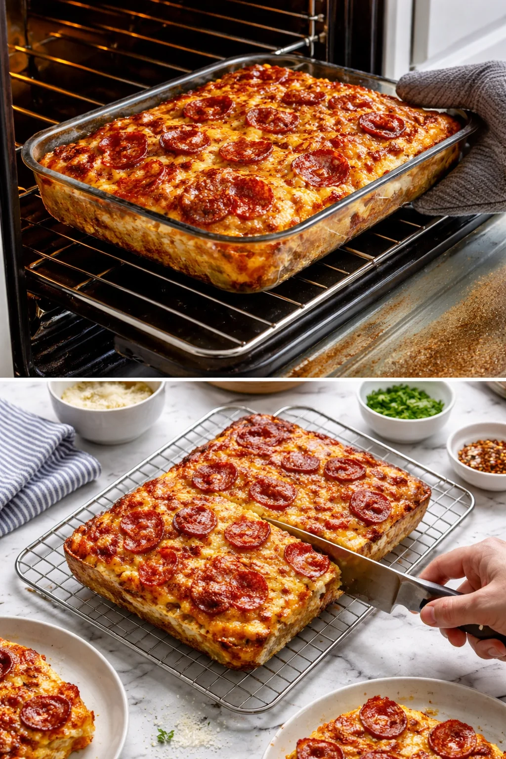 golden cheesy pepperoni lasagna in glass dish being removed from oven