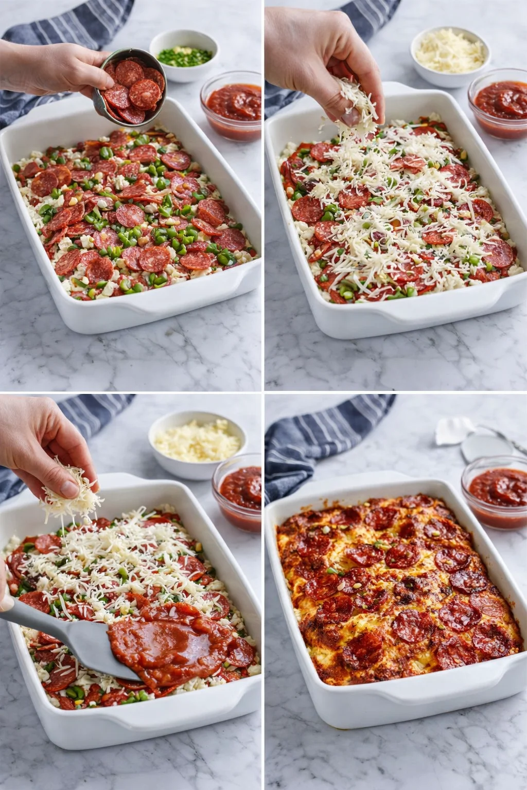collage showing pepperoni slices, chopped peppers, and shredded cheese layered in a white baking dish