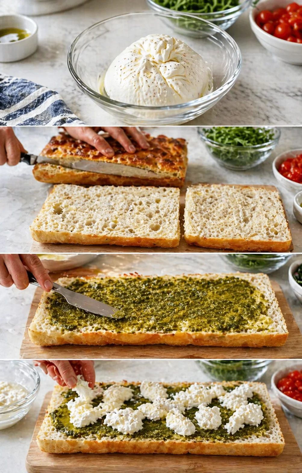collage of a soft-white cheese in a glass bowl, sliced bread, and a green pesto spread with dollops of cheese.