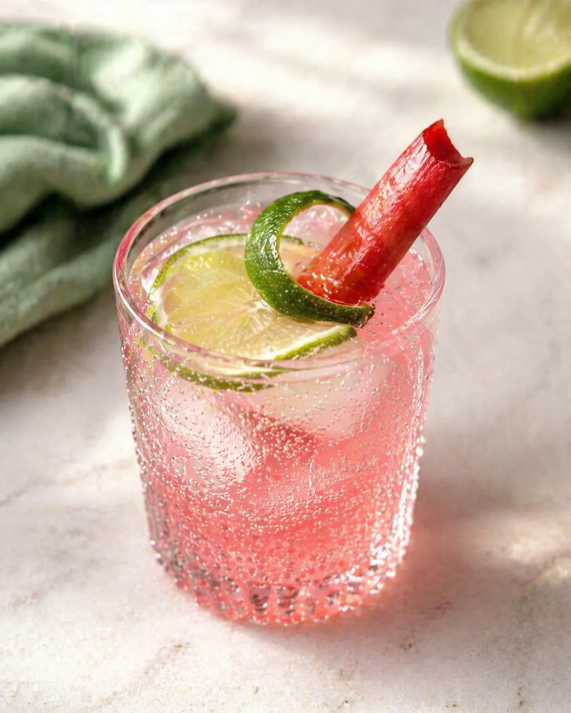 glassy pink citrus cocktail with lime wheels and a red garnish