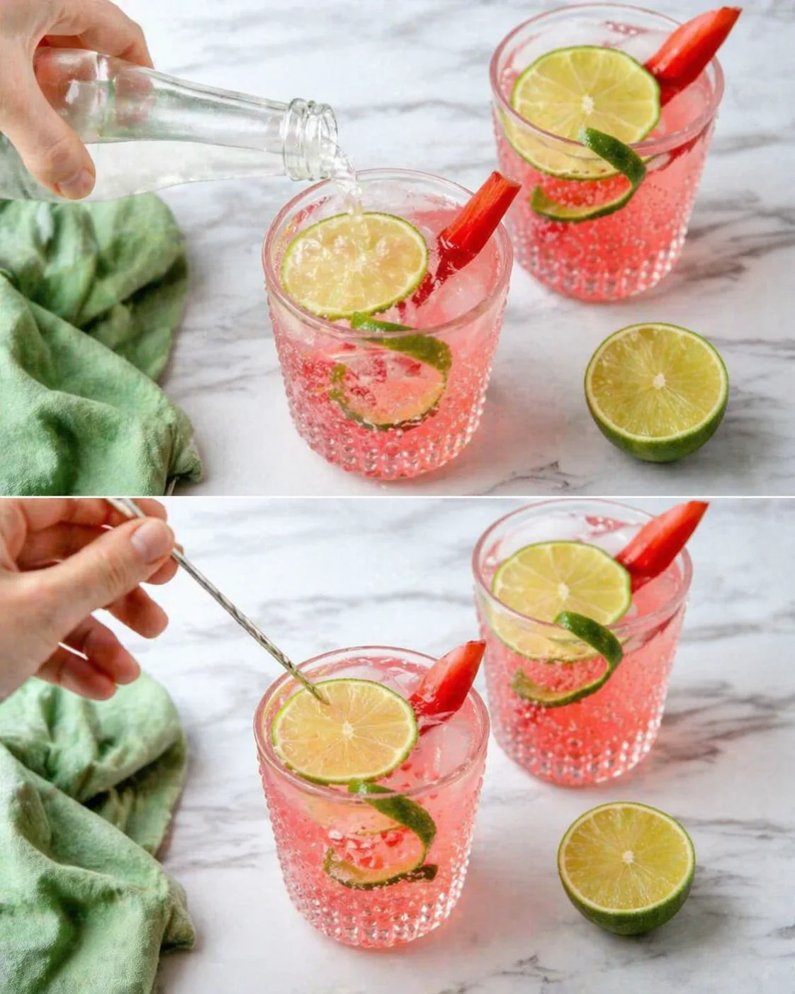 Two pink, bubbly drinks in crystal glasses with lime wheels, being poured and stirred.