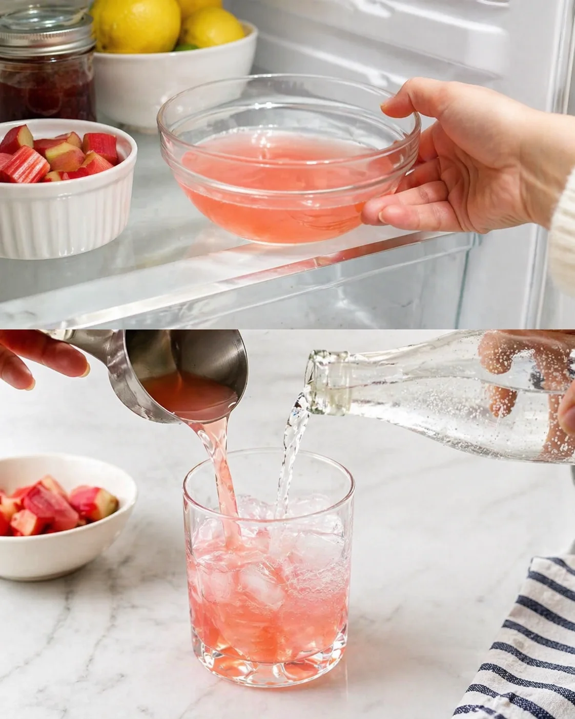 Two-panel scene of pink rhubarb juice preparation; top shows bowl of juice and rhubarb, bottom pours into ice-filled glass.