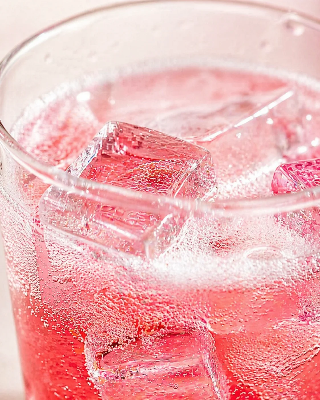Close-up of a pink fizzy drink with large ice cubes in a glass.