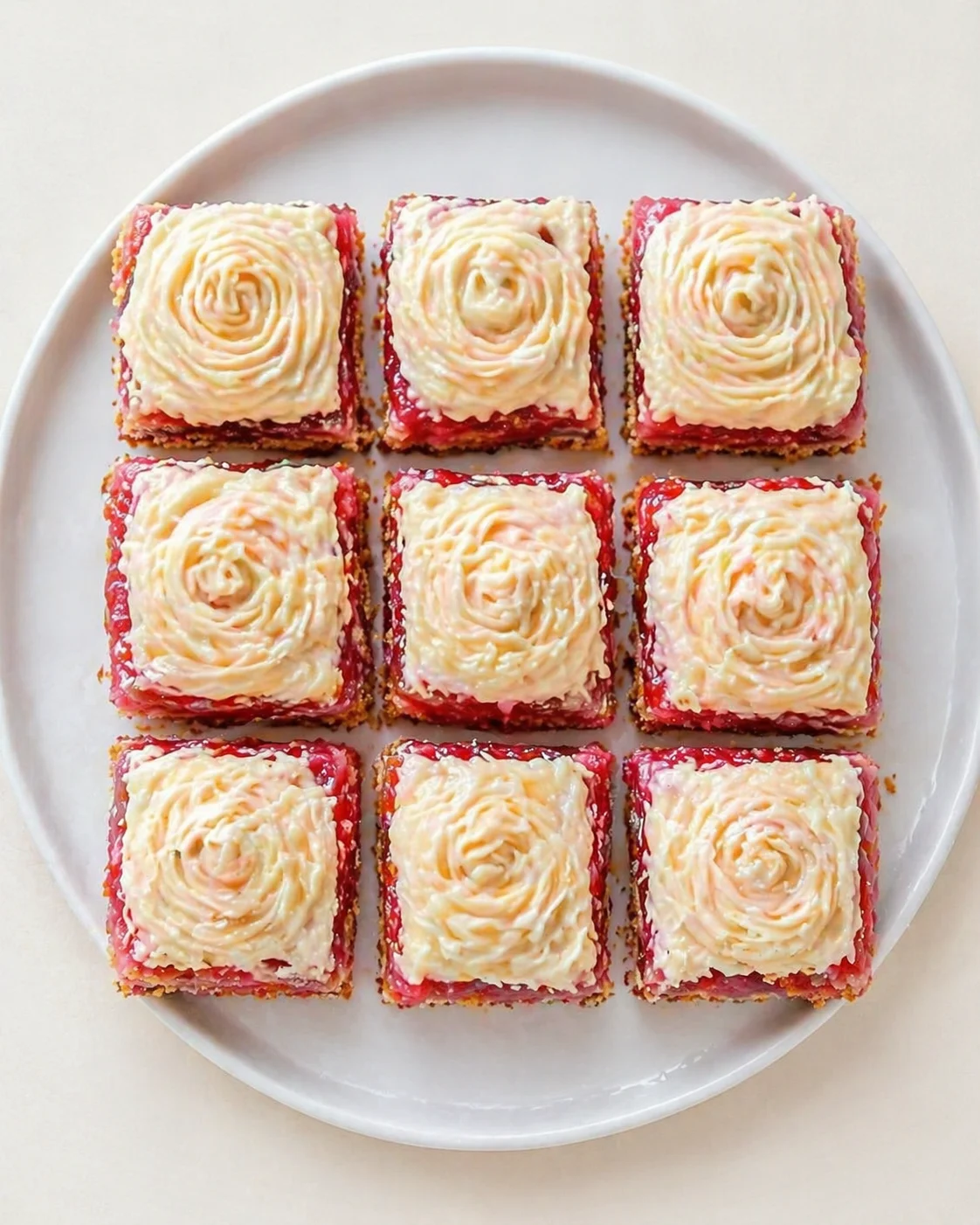 nine pink-velvet mini bars with white rosette frosting on a white plate