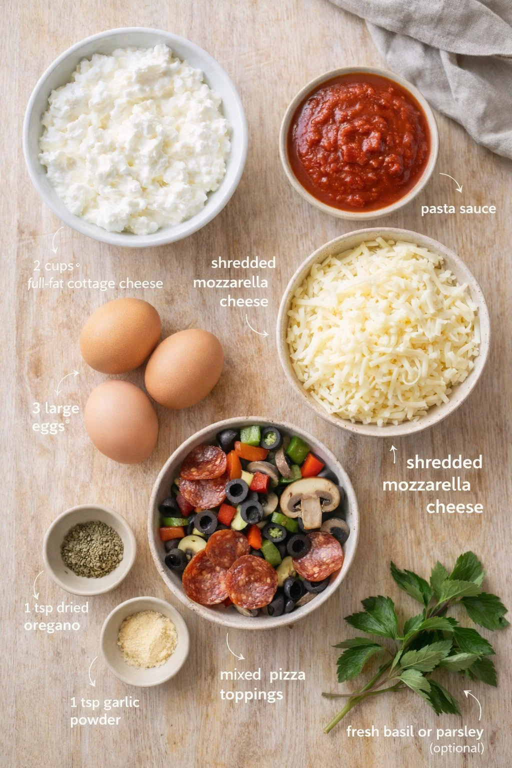 Top-down view of pizza ingredients arranged on a wooden surface: cheeses, sauce, toppings, eggs, herbs.
