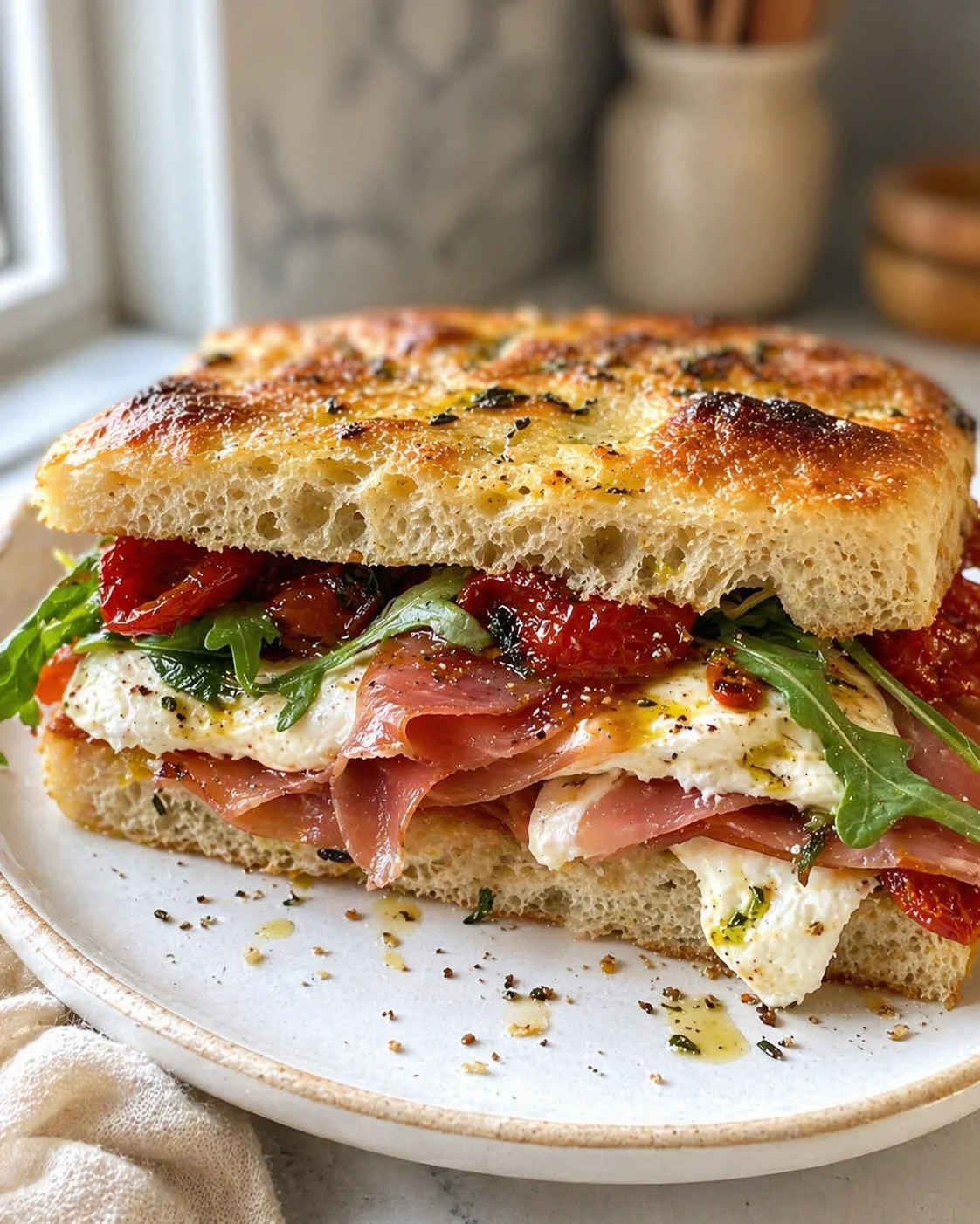 close-up of a stacked prosciutto and mozzarella sandwich with arugula on toasted bread