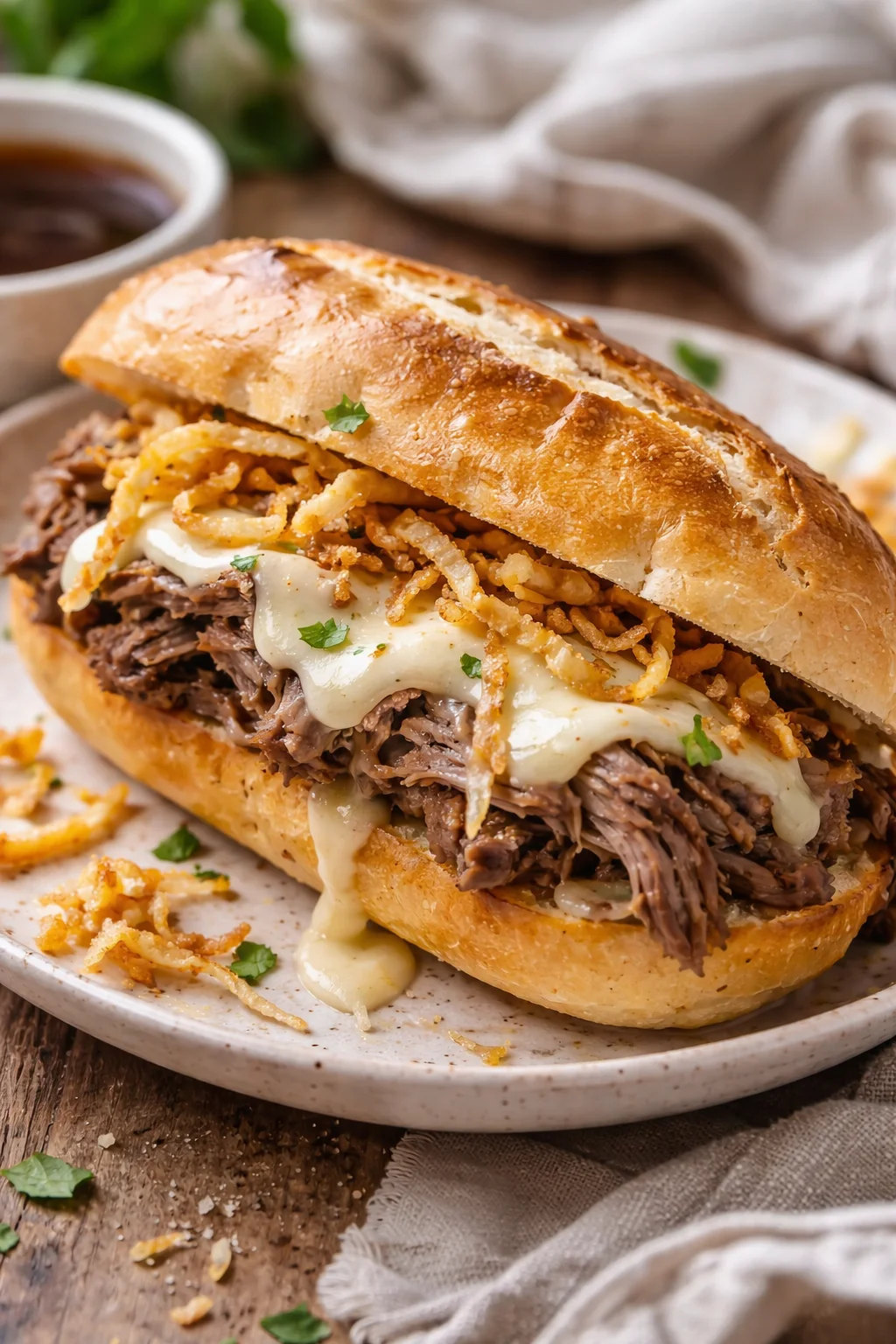 Crusty baguette sandwich filled with shredded beef, melted cheese, and crispy onions.