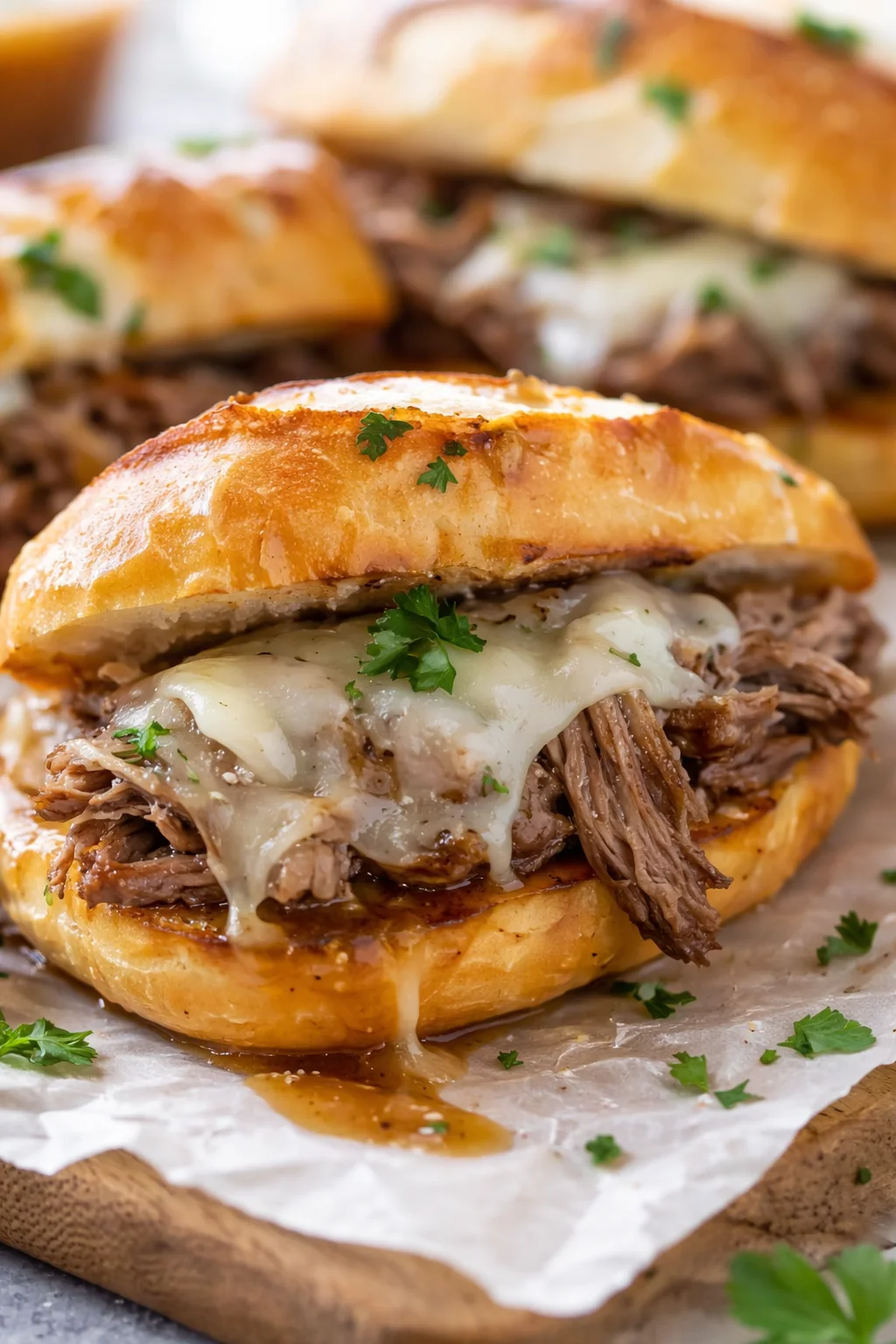 close-up of a pulled beef sandwich with melted cheese on a toasted brioche bun, garnished with parsley