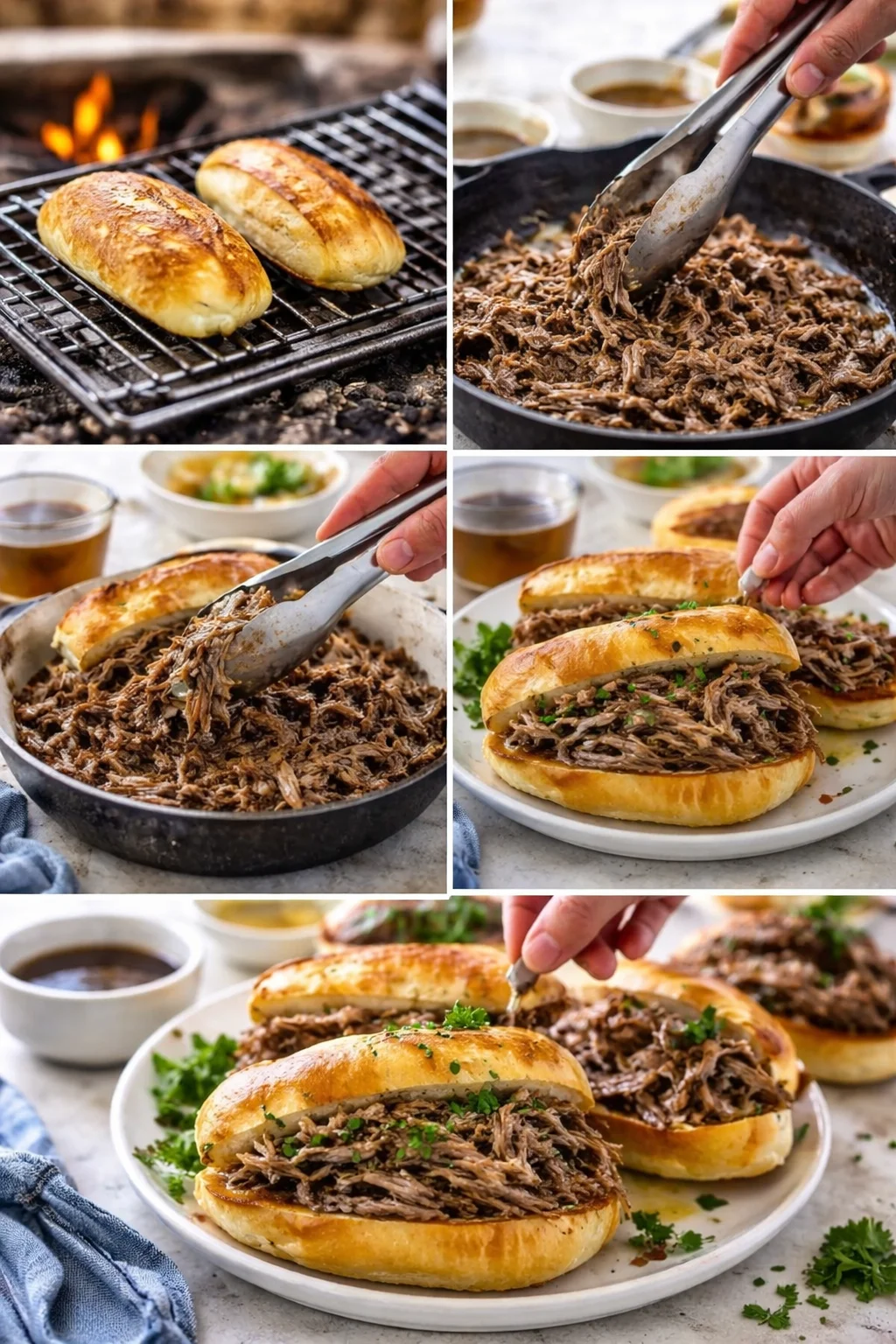 Collage showing toasted buns, shredded beef, and assembled sliders on plates.