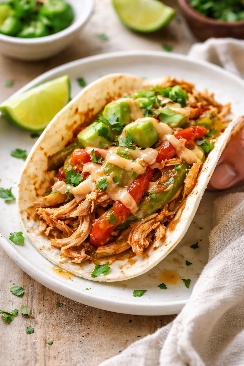 soft tortilla boat filled with shredded chicken, avocado chunks, red and green peppers, cilantro, and creamy drizzle