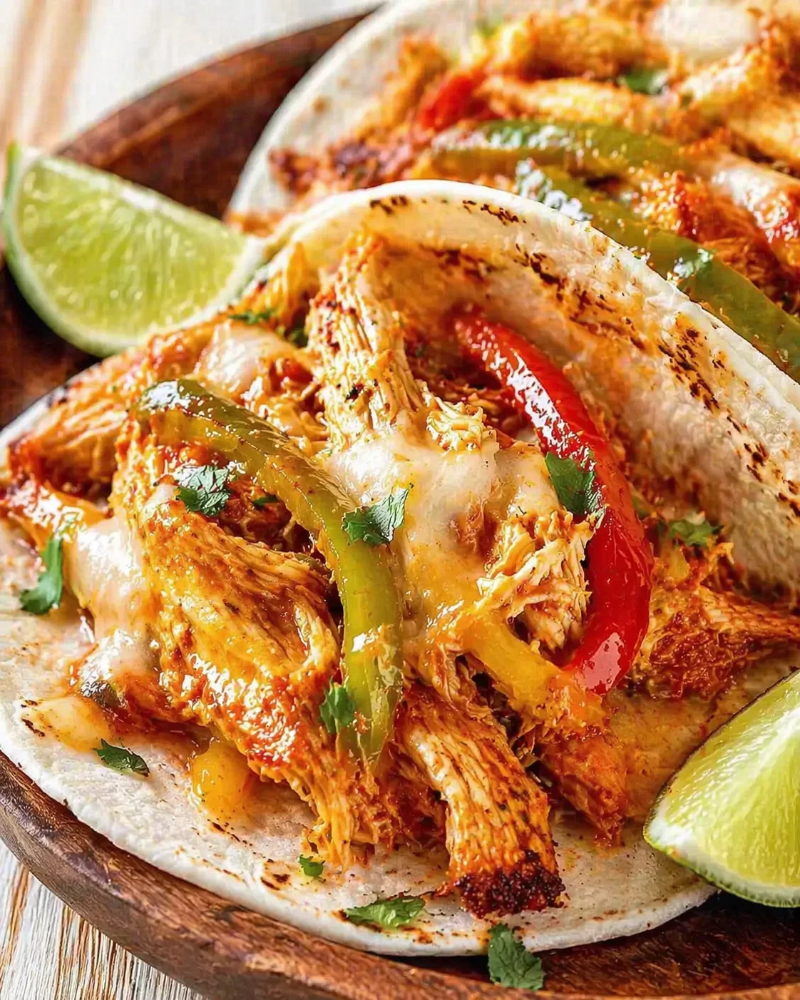 plated tacos with shredded chicken, peppers, cilantro, and lime wedges on a warm tortilla