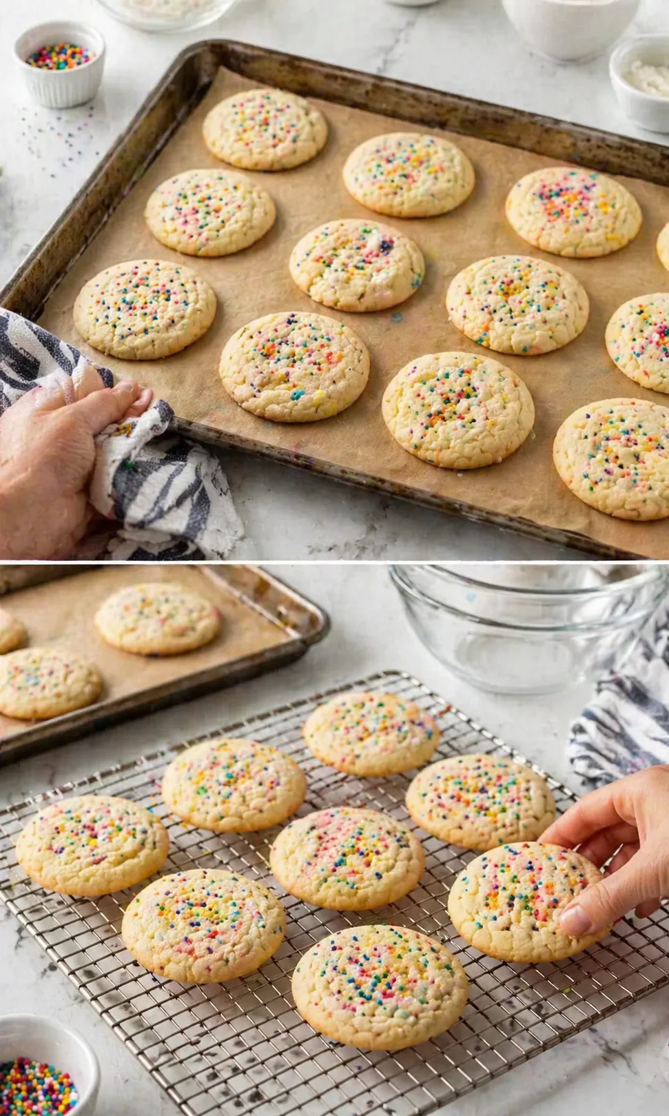Golden cookies with rainbow sprinkles on parchment-lined tray and cooling rack.