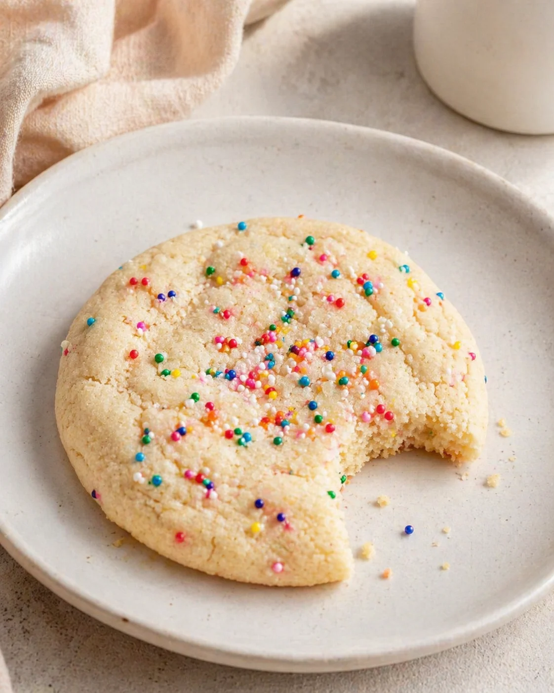 round sugar-cookie topped with rainbow sprinkles on a pale plate; bite taken from edge