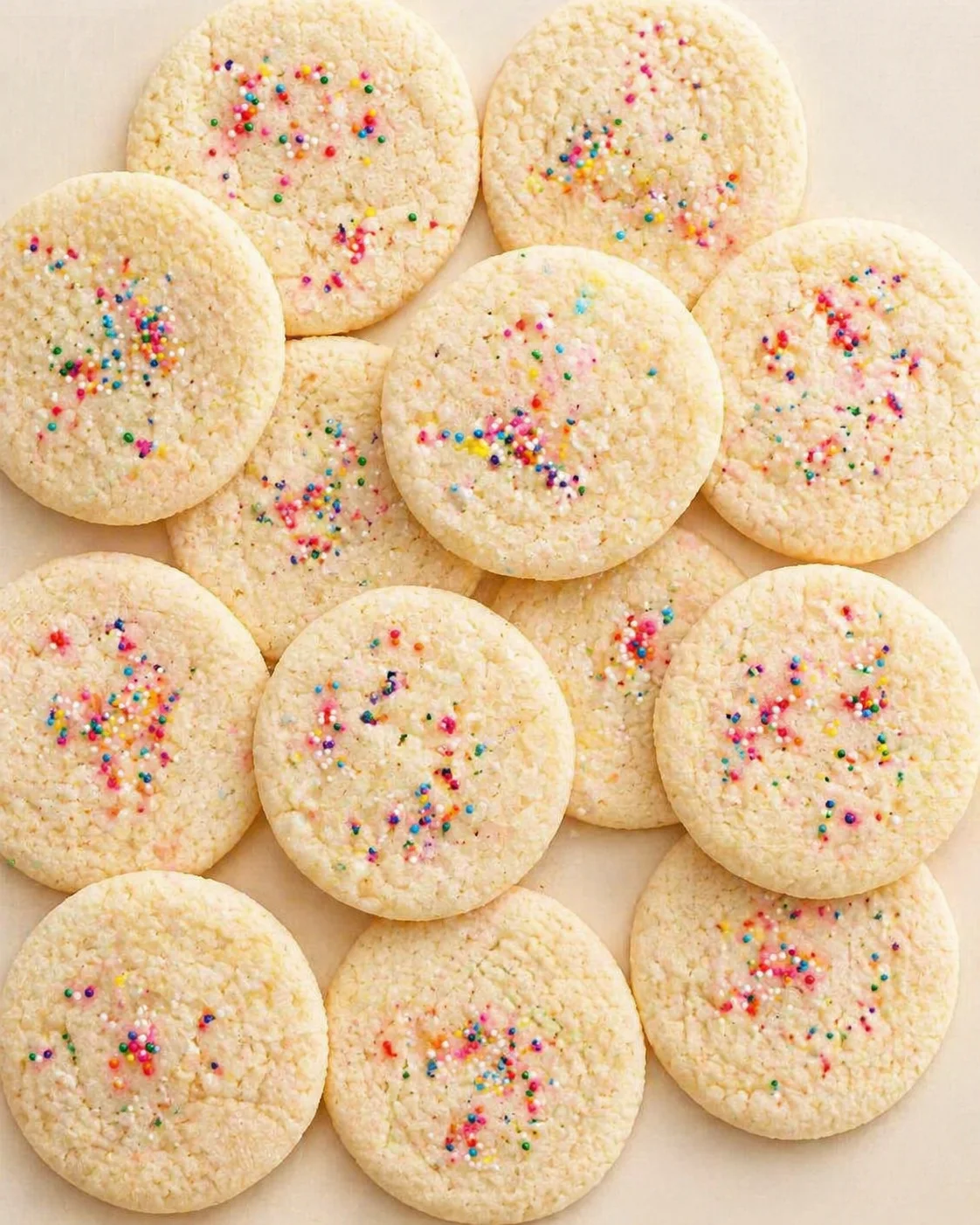 round sugar cookies with rainbow sprinkles on a light background