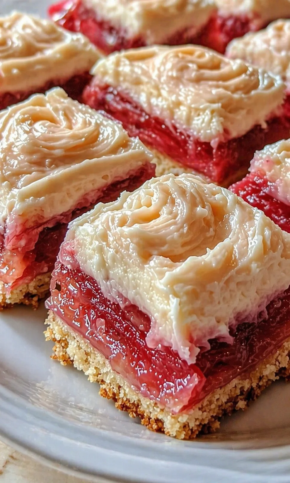 Close-up of square raspberry bars with a crumb crust, glossy filling, and piped buttercream rosettes on a plate.