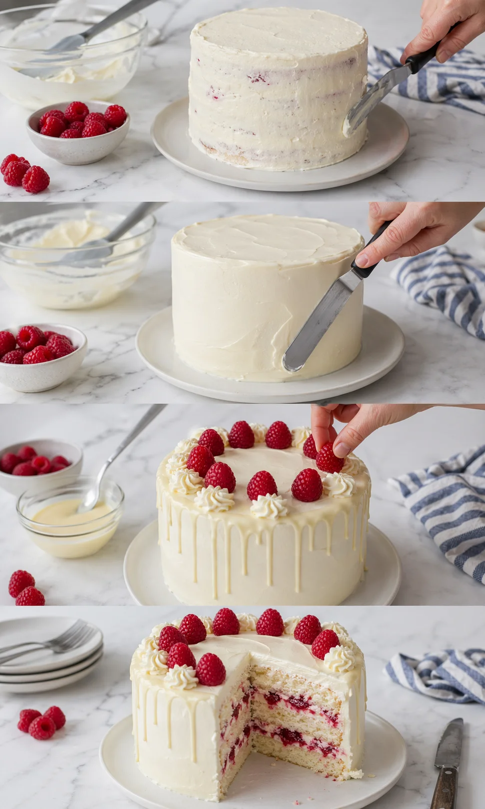 A multi-panel scene of a cake being assembled and decorated with raspberries on a marble counter.