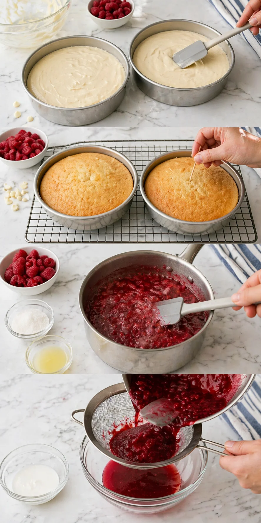 Bright marble kitchen collage showing batter-filled cake pans, raspberries, and raspberry sauce in progress.
