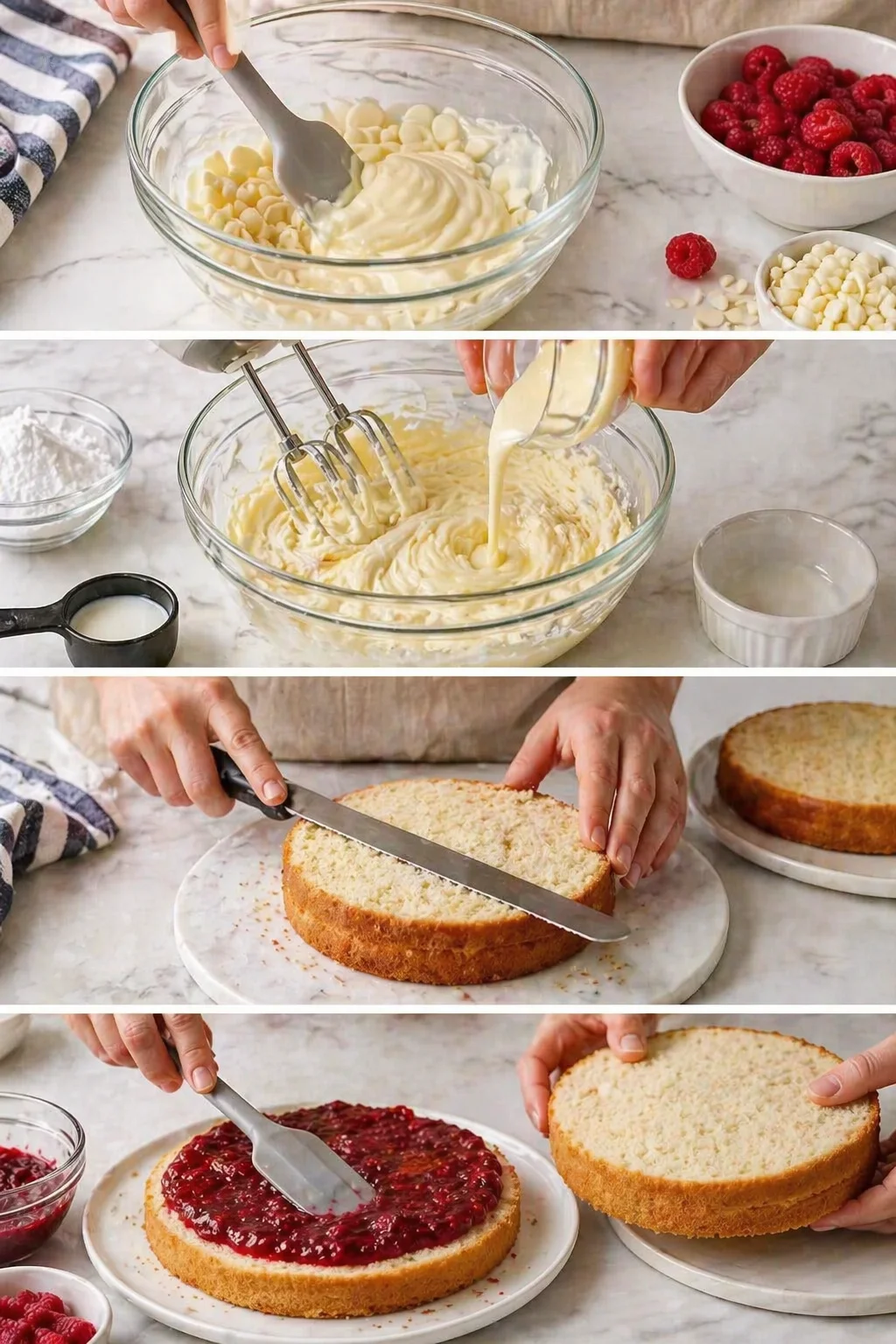 collage of cake-making steps: mixing buttercream, layering sponge, and raspberry jam spread