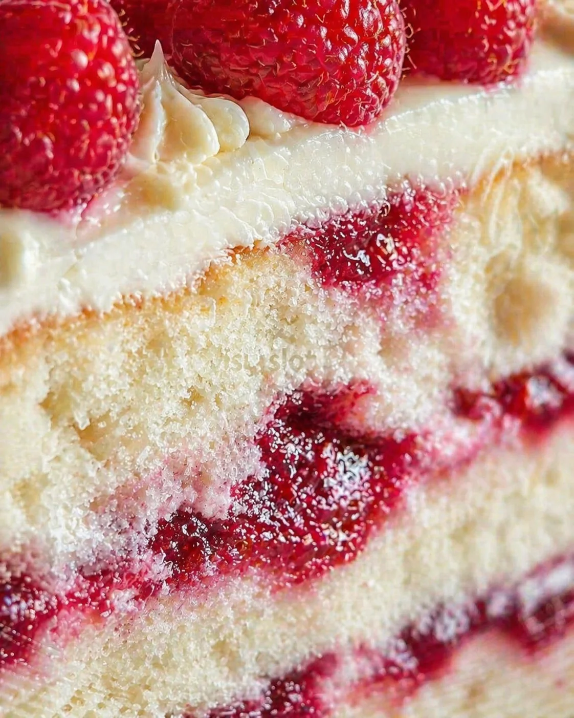 Close-up of a raspberry cake slice with cream frosting and sugar crystals