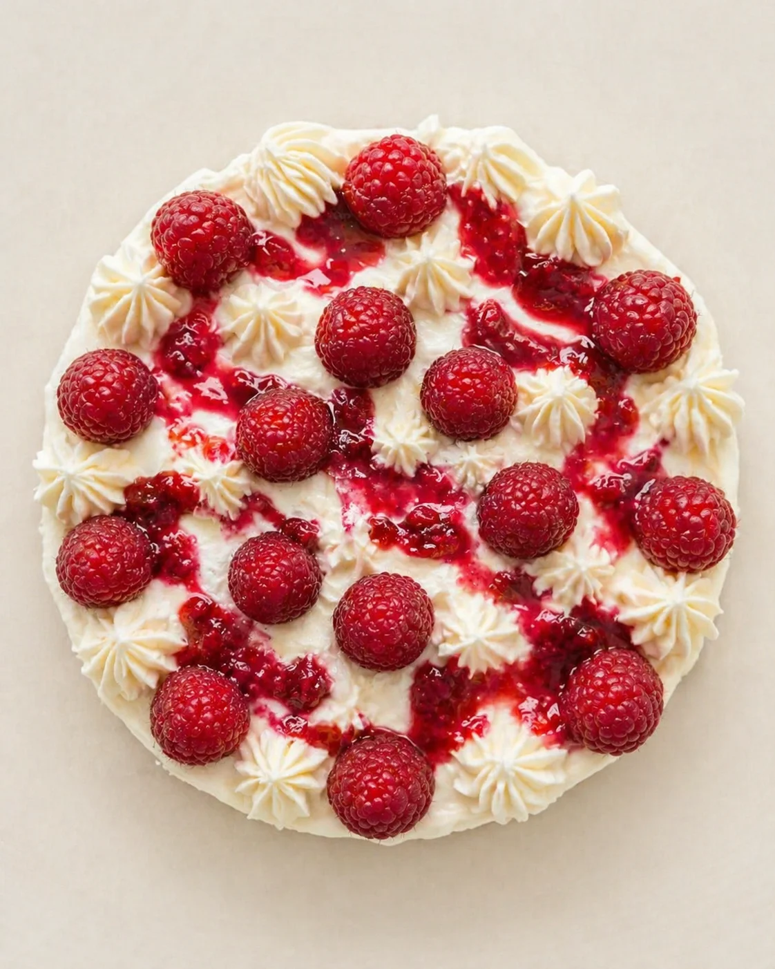 top view of a round white-frosted cake with fresh raspberries and white rosettes