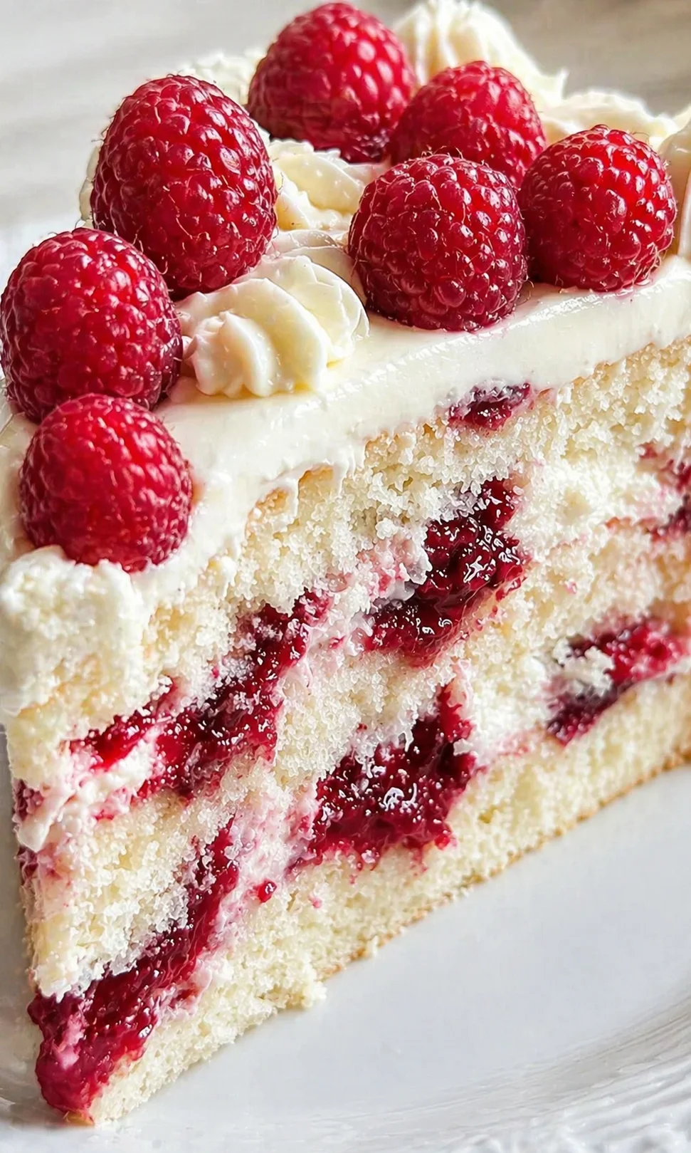 Slice of raspberry-cream-layer cake topped with fresh raspberries on a white plate.
