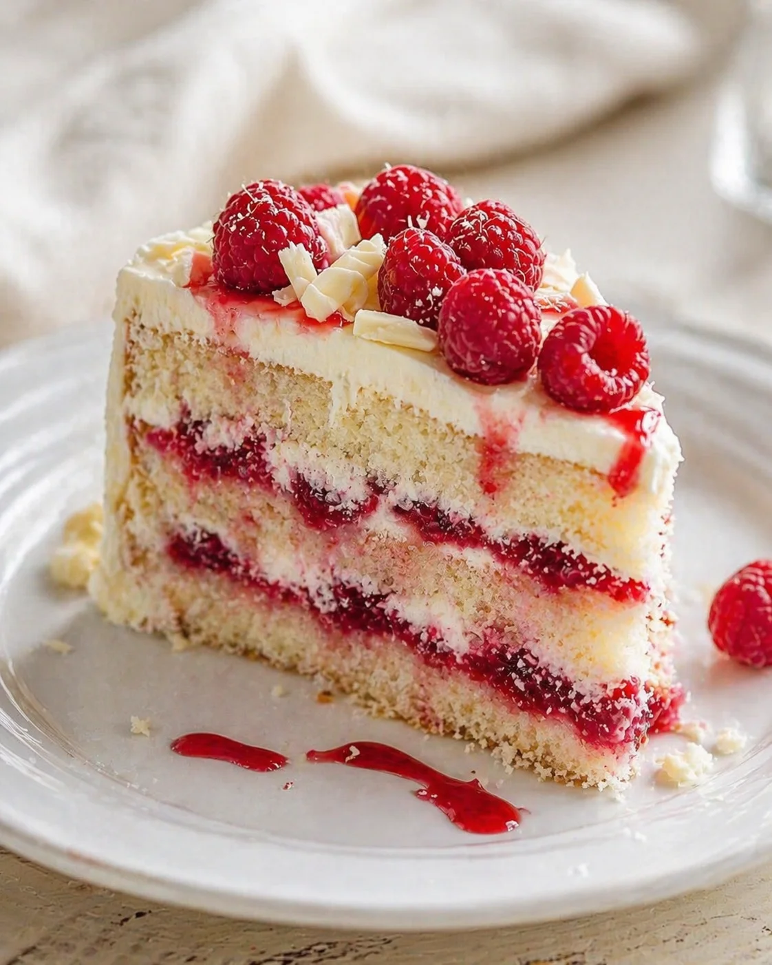 Slice of raspberry layer cake topped with raspberries and white chocolate curls on a plate.
